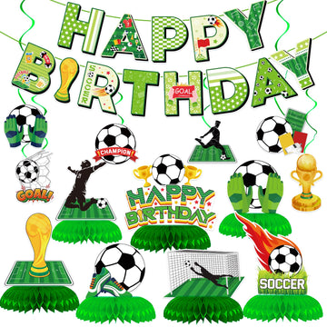 Soccer Birthday Party Decorations - Soccer Party Decorations Includes Happy Birthday Banner Soccer Hanging Swirls Honeycomb Centerpieces for Girls