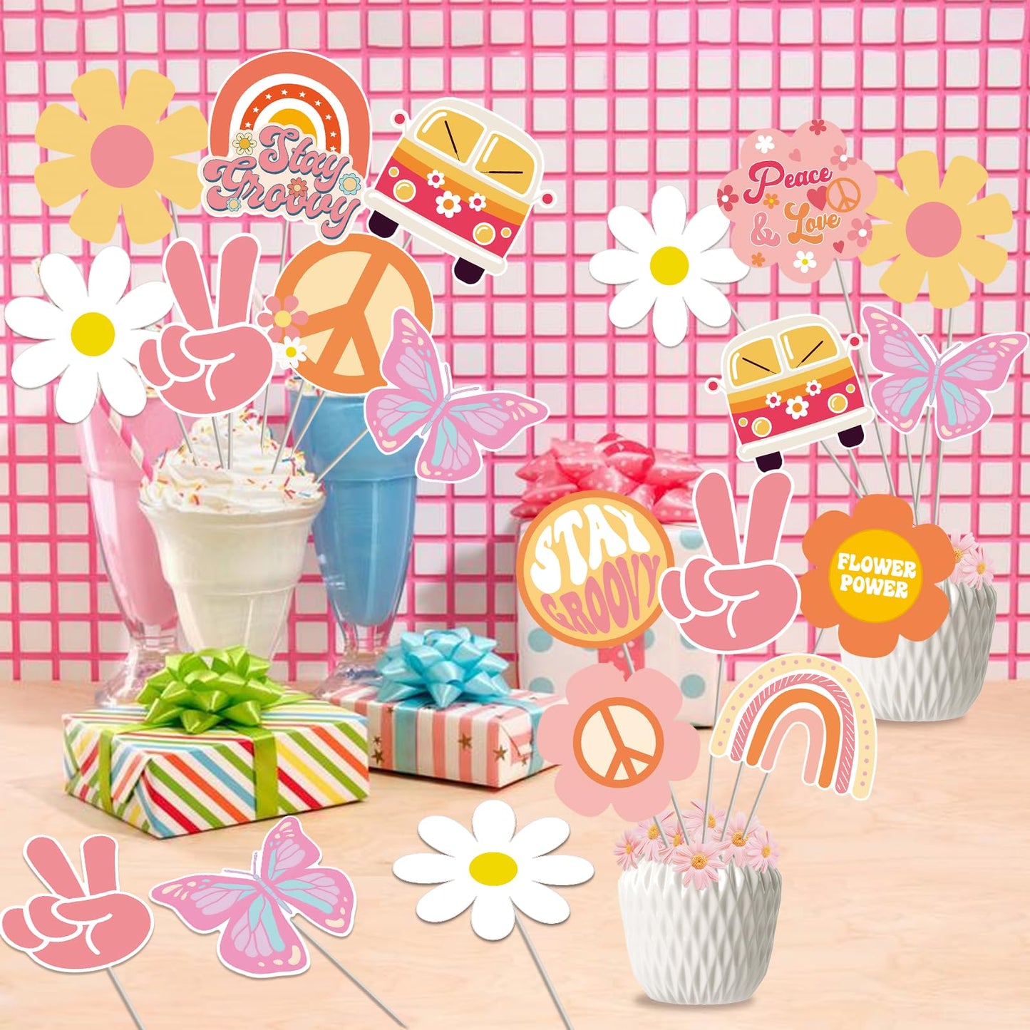 Groovy Retro Hippie Party Centerpieces - 24Pcs Rainbow Butterfly Daisy Flower Table Toppers for 60’s Party, Hippie Party,Groovy One Birthday Decor