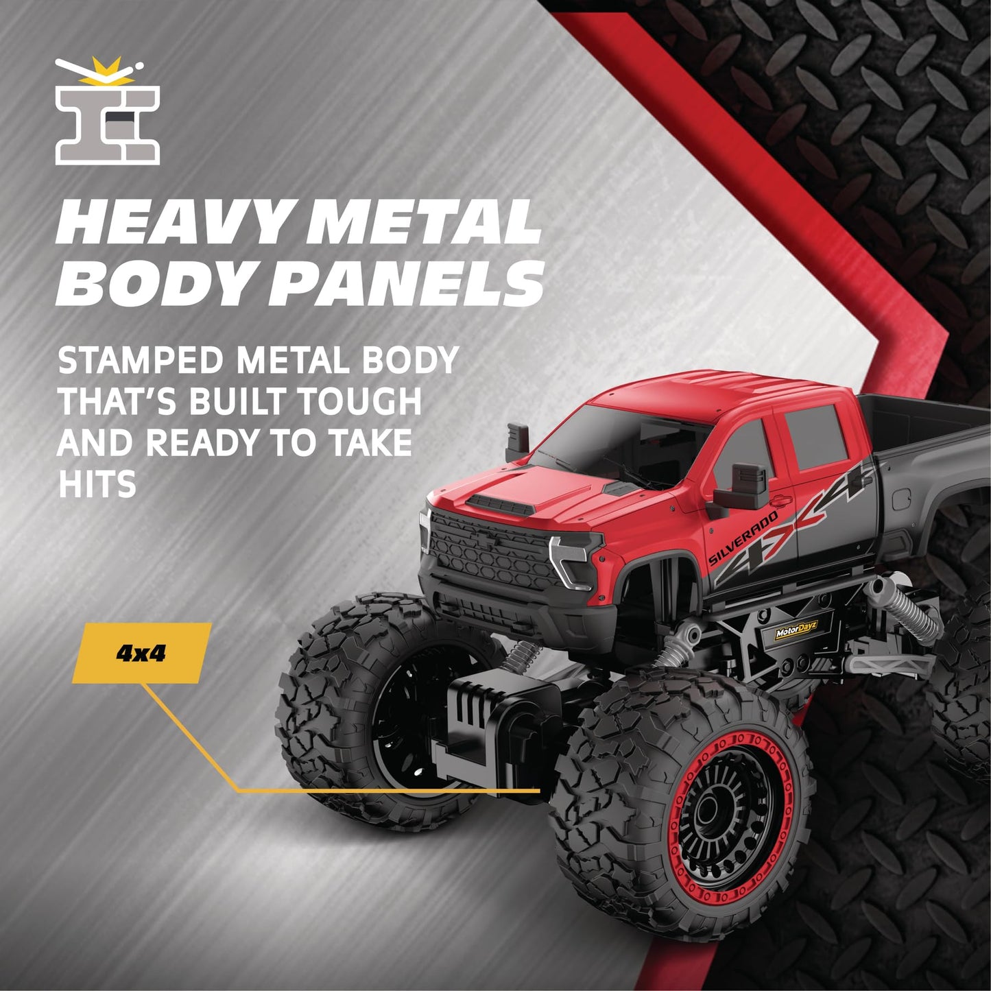 Motor Dayz RC 4WD Heavy Metal Chevrolet Silverado Truck - 1:14 Scale Remote Control Car, Stamped Metal Body, 2.4GHz Full-Function Radio Control, USB