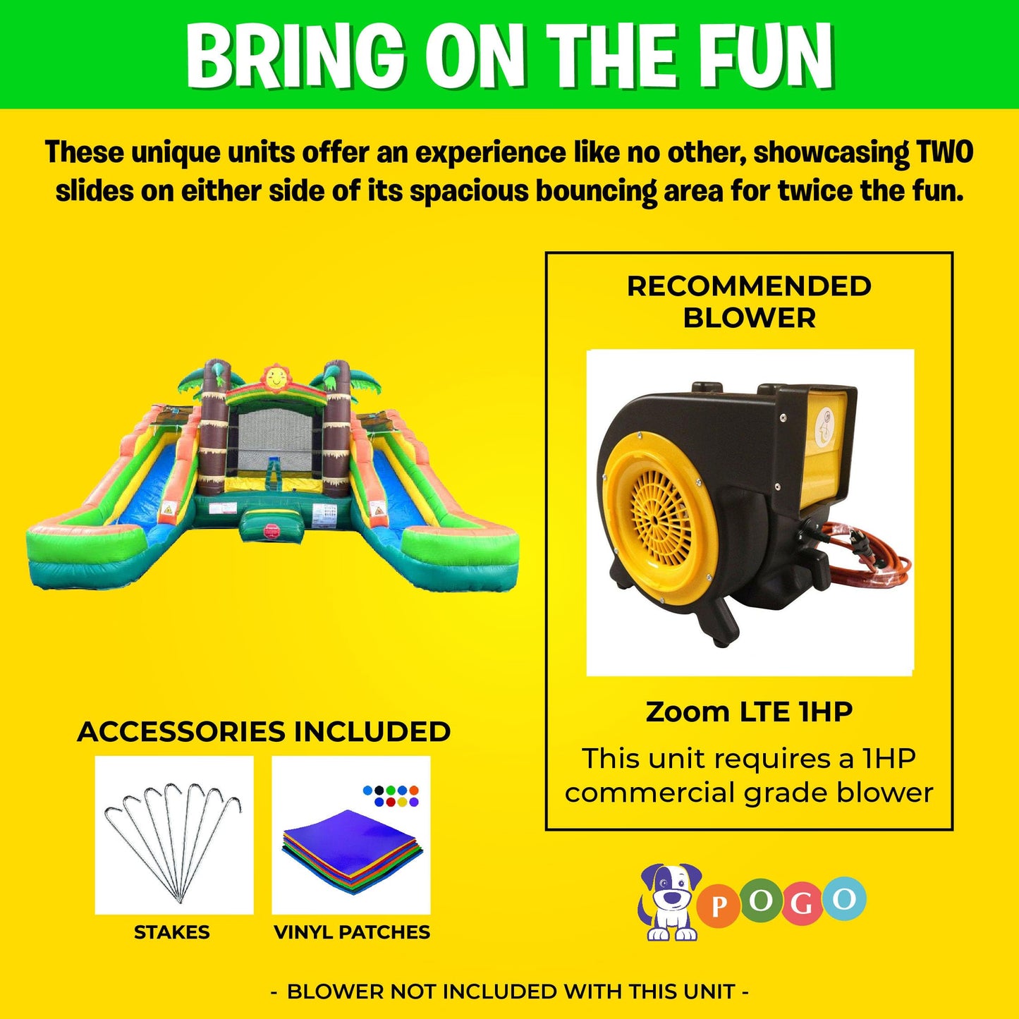 Pogo Bounce House Crossover Double Water Slide Combo, No Blower, Tropical