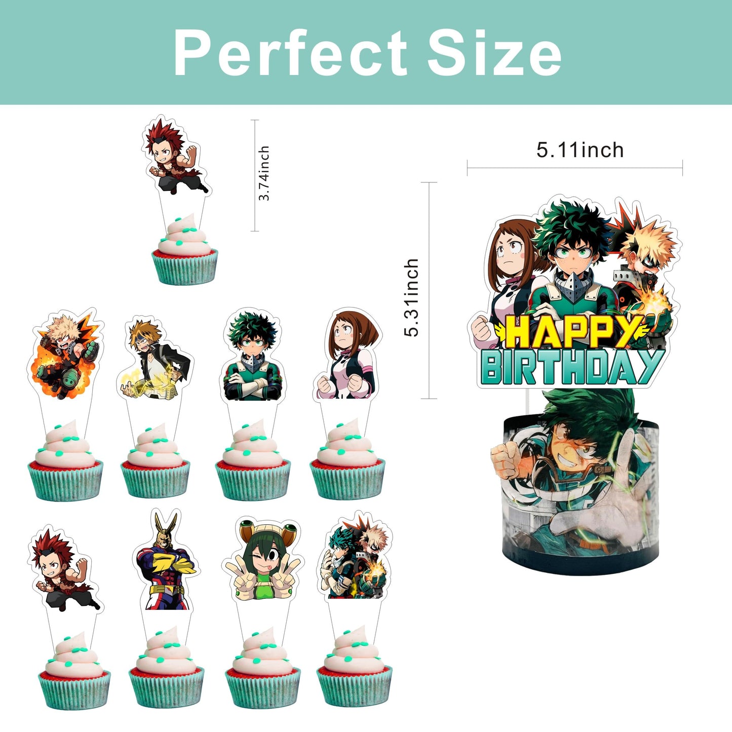 25pcs Cartoon For Academia of My Hero Birthday Decorations with 24pcs Cupcake Toppers,1pcs Cake Topper for Birthday Party Supplies.
