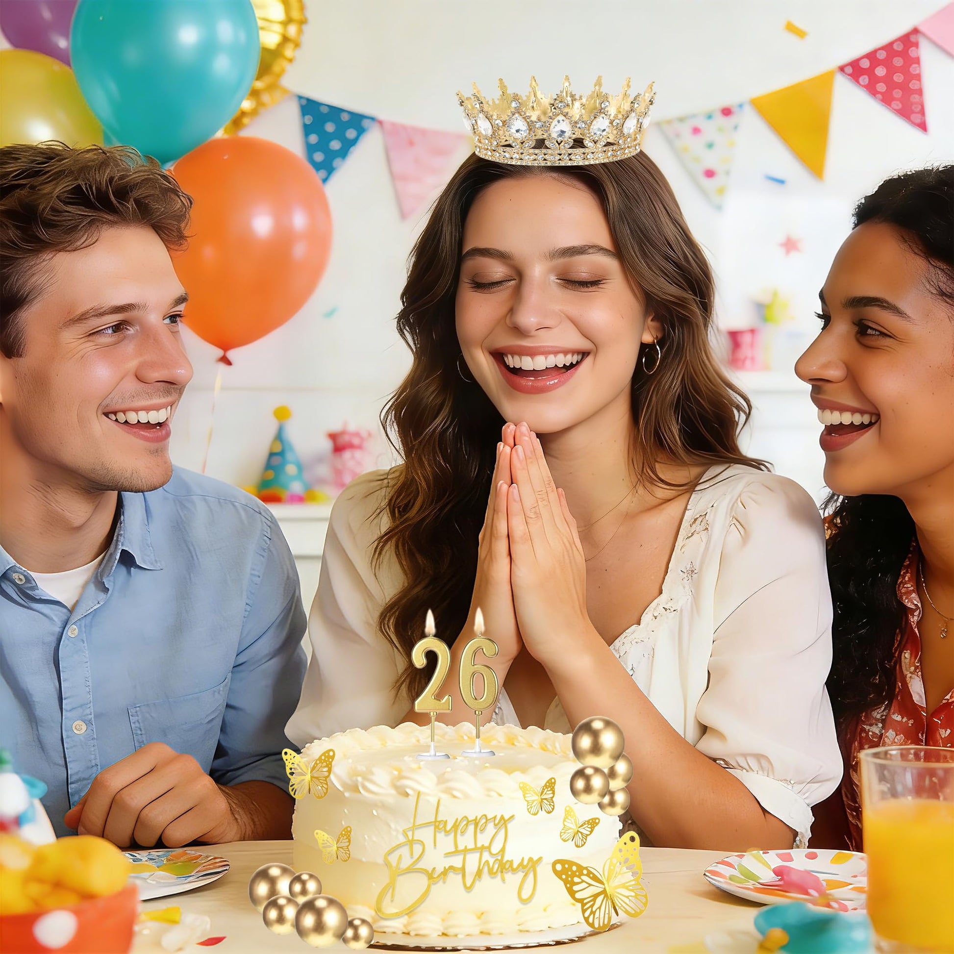 SUTROMA Crown Cake Topper, Corona Para Pastel,Happy Birthday Cake Toppers Candles Balls Butterflies, Cake Decorations for Princess Women Queen Party