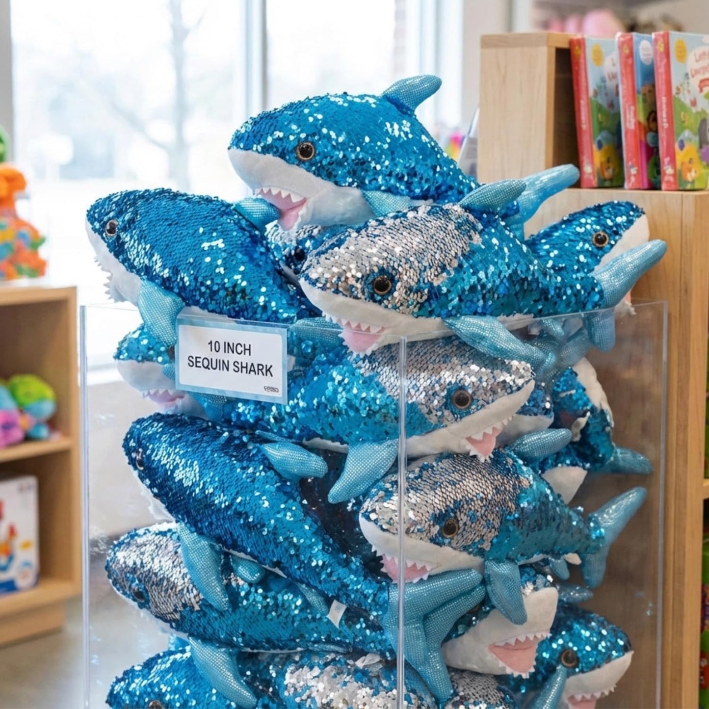Rhode Island Novelty Cuddly Sequin Great White Shark, Soft Marine Life Stuffed Animal for Kids, 10 Inch