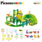 PicassoTiles Dinosaur Magnetic Tiles Racecar Track with 8 Magnet Tile Dino Toys 2 Cars Street Sign Accessory Kit Construction Building Blocks