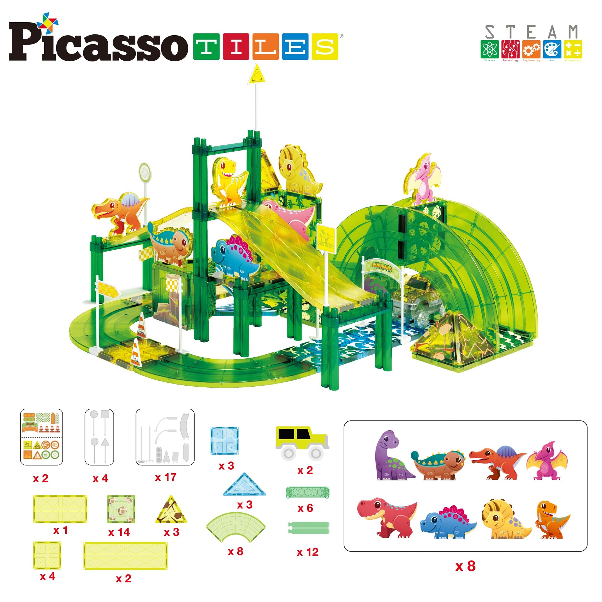 PicassoTiles Dinosaur Magnetic Tiles Racecar Track with 8 Magnet Tile Dino Toys 2 Cars Street Sign Accessory Kit Construction Building Blocks