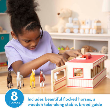 Melissa & Doug Take-Along Show-Horse Stable Play Set- Pretend Play Wooden Barn Toy with 8 Horse Toys & Carrying Case, Portable Preschool Travel Toys