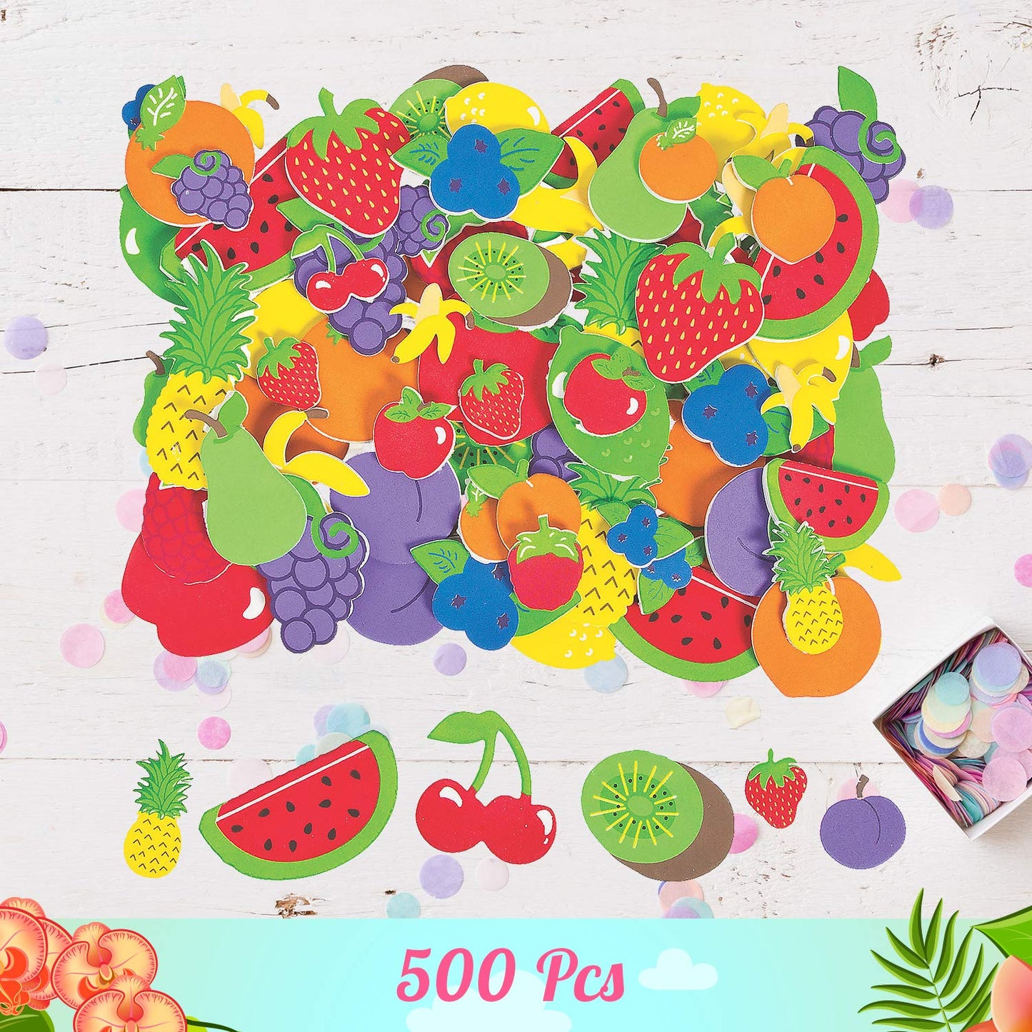 Fun Express 500 Pack Self-Adhesive 3D EVA Foam Stickers for Kids Crafts - Fruit Shapes Sticker Bulk for Classroom, Preschool Art Supplies, Toddler