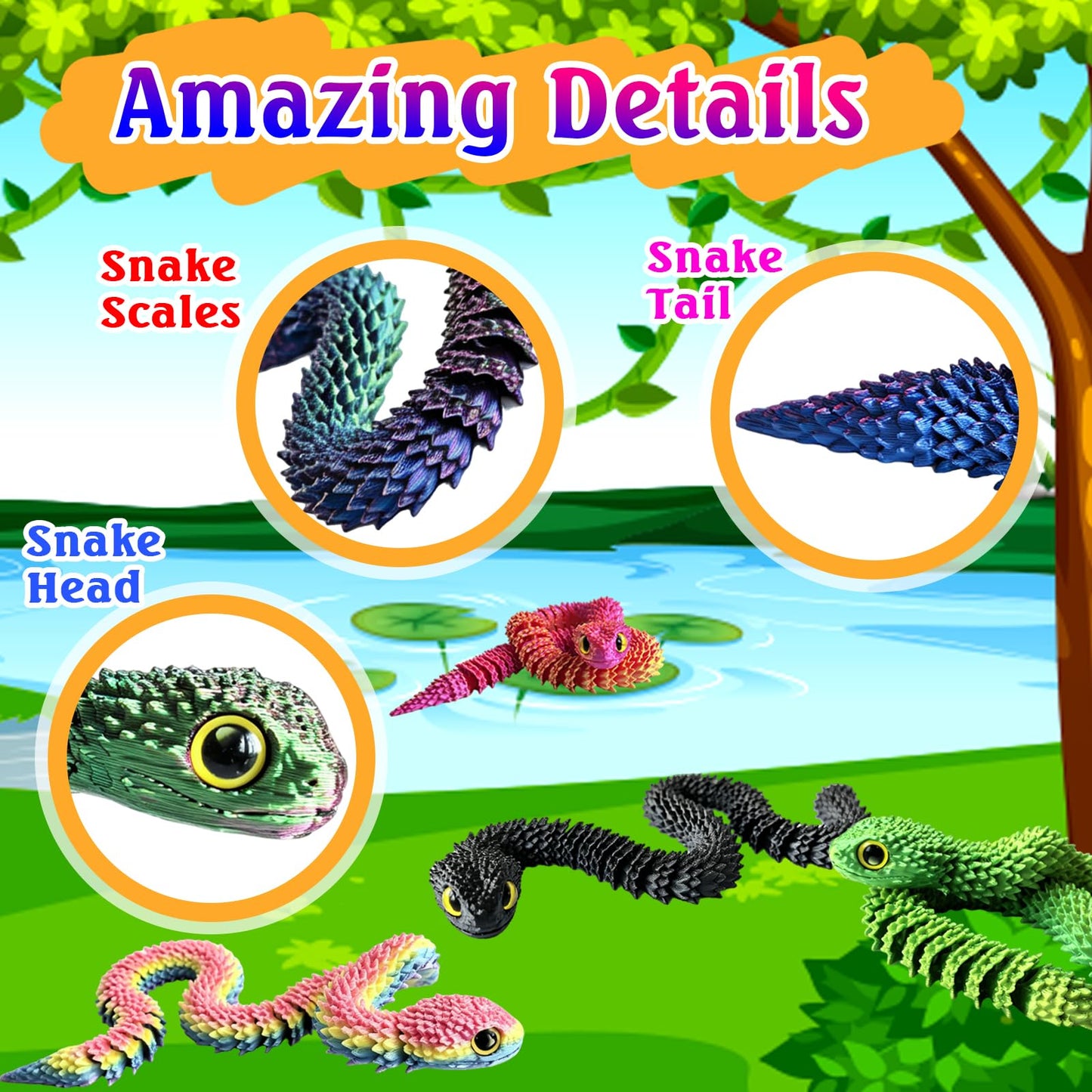 3D Printed Animals Snake Sensory Fidget Toys 12pcs,3D Printed Toys Figurines Set Birthday Gifts Party Favors for Kids Boys Girls ADHD Stress