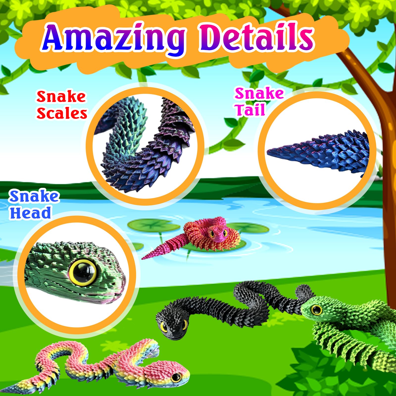 3D Printed Animals Snake Sensory Fidget Toys 12pcs,3D Printed Toys Figurines Set Birthday Gifts Party Favors for Kids Boys Girls ADHD Stress