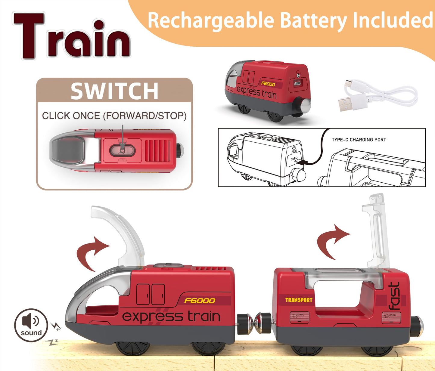 Remote Control Train Set with Light & Sound Tunnel - Battery Operated Bullet Train for Wooden Track, Compatible with Thomas & Brio, Gift for Kids 3-5
