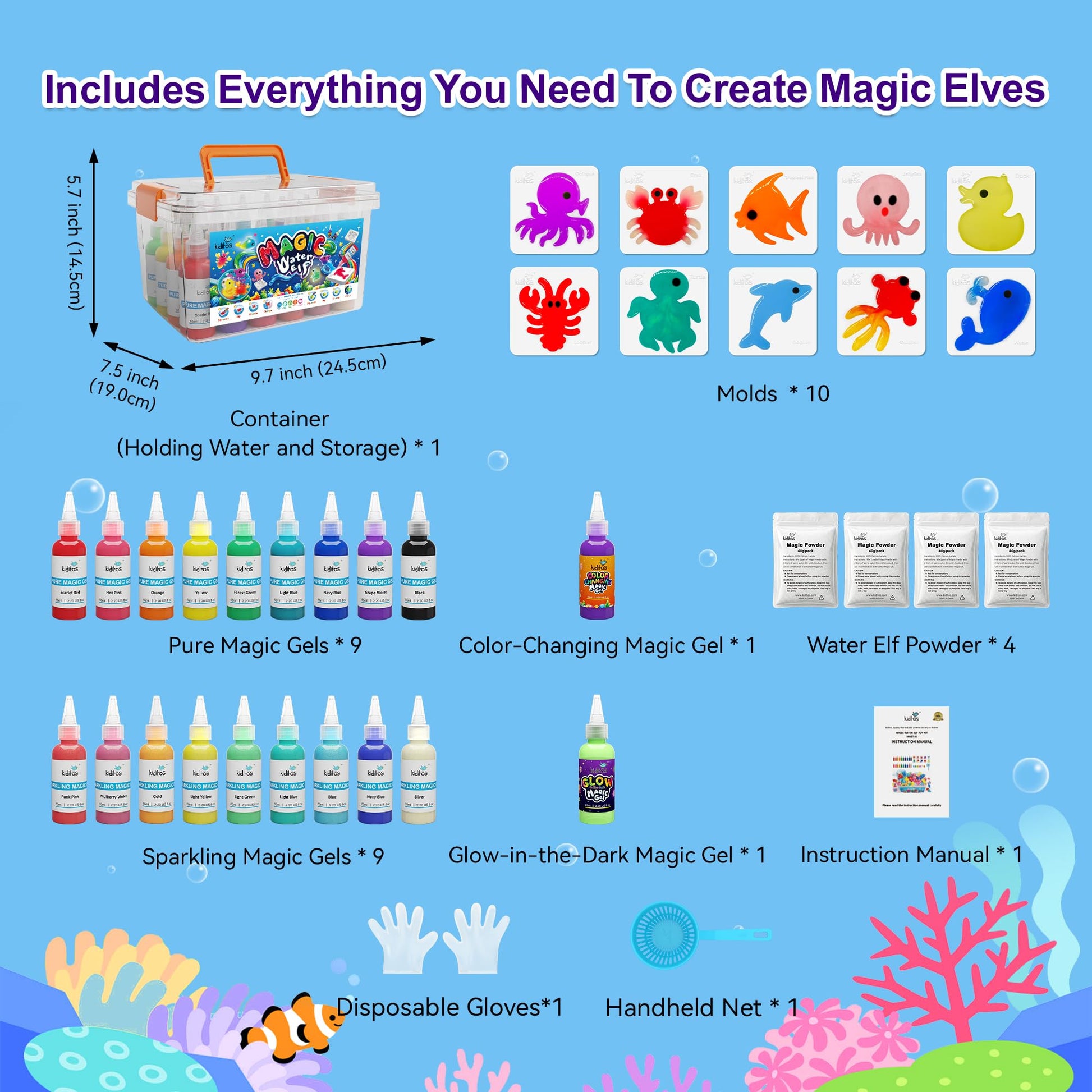 Kiditos Magic Water Elf Toy Kit - Squishies for Kids, 20 Gels & 10 Molds, Magic Gel Water Pets Sensory DIY Craft Kit, Party Favors & Summer Gifts