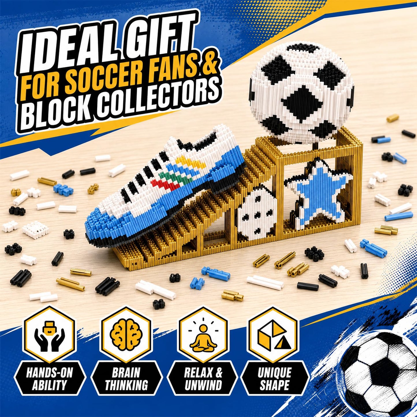 APENGBAOL 2026 New Soccer Ball with Sport Sneaker Mini Micro Building Blocks Set with Golden Display Stand, 3110 Pcs Sports Football Model Collectible