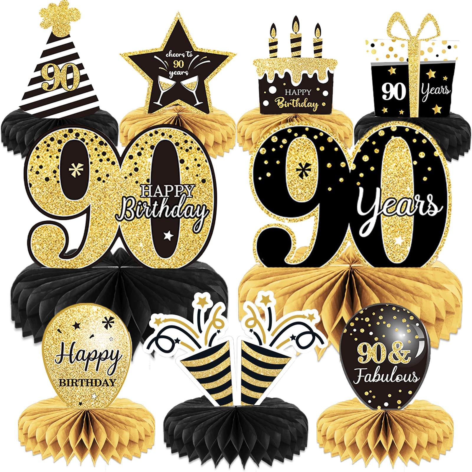 9 Pieces 90th Birthday Decoration 90 th Birthday Centerpieces for Tables Decorations Cheers to 90 Years Honeycomb Table Topper for Men and Women