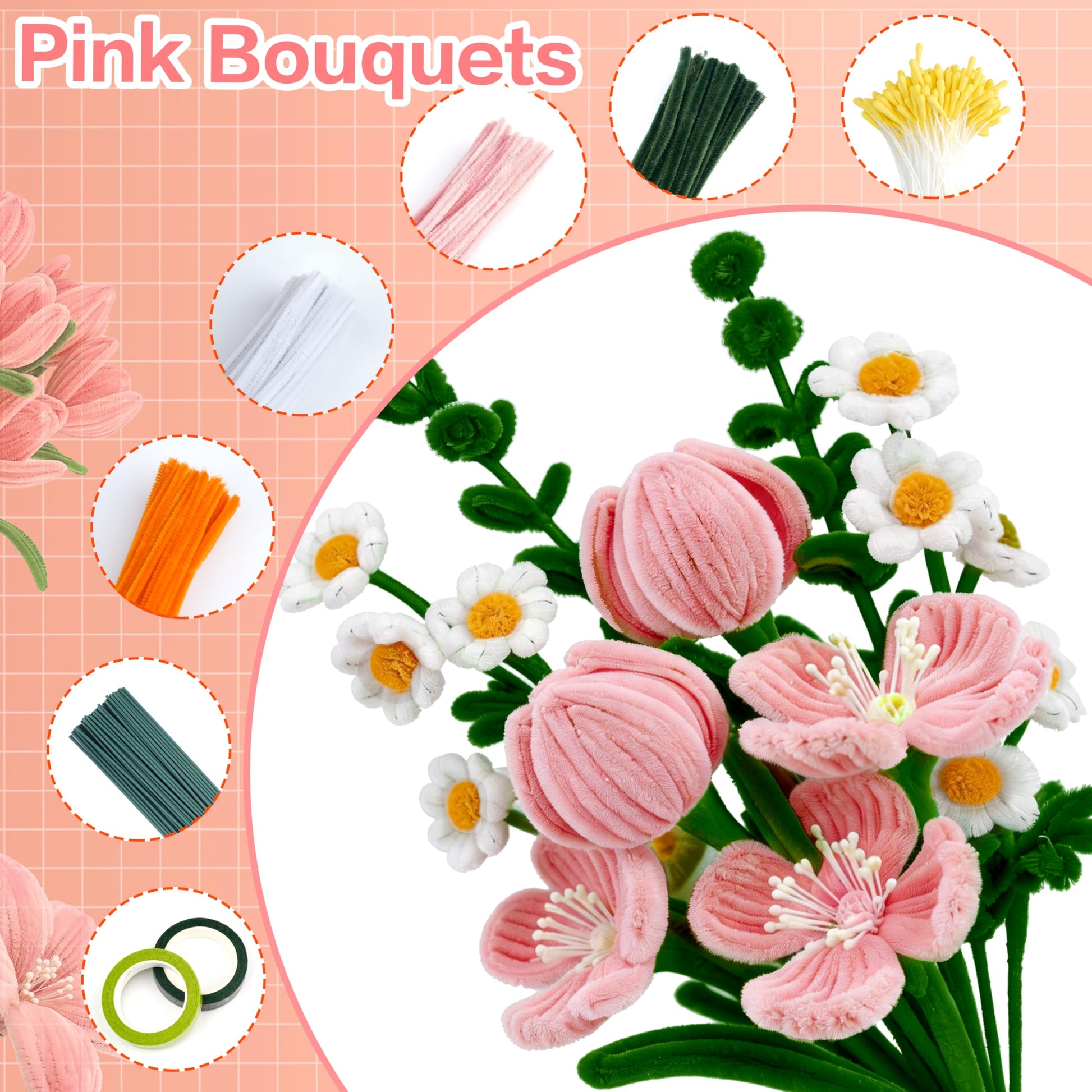 Ayuanb 900 PCS Pipe Cleaners Flowers Kit, Pipe Cleaners Craft with Handle, 14 Colors Chenille Stems with Floral Wires, Stamen, Wrapping Paper