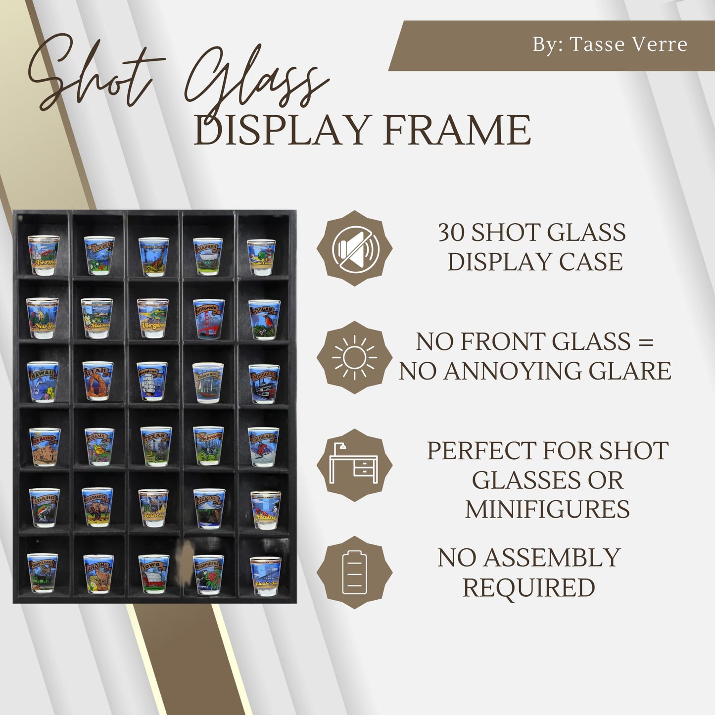 Tasse Verre 30 Shot Glass Shelf Display Case (1-Pack) - Large Wooden Collectibles Rack - Wall Mounted Black Bar Shadow Box Minifigure Storage