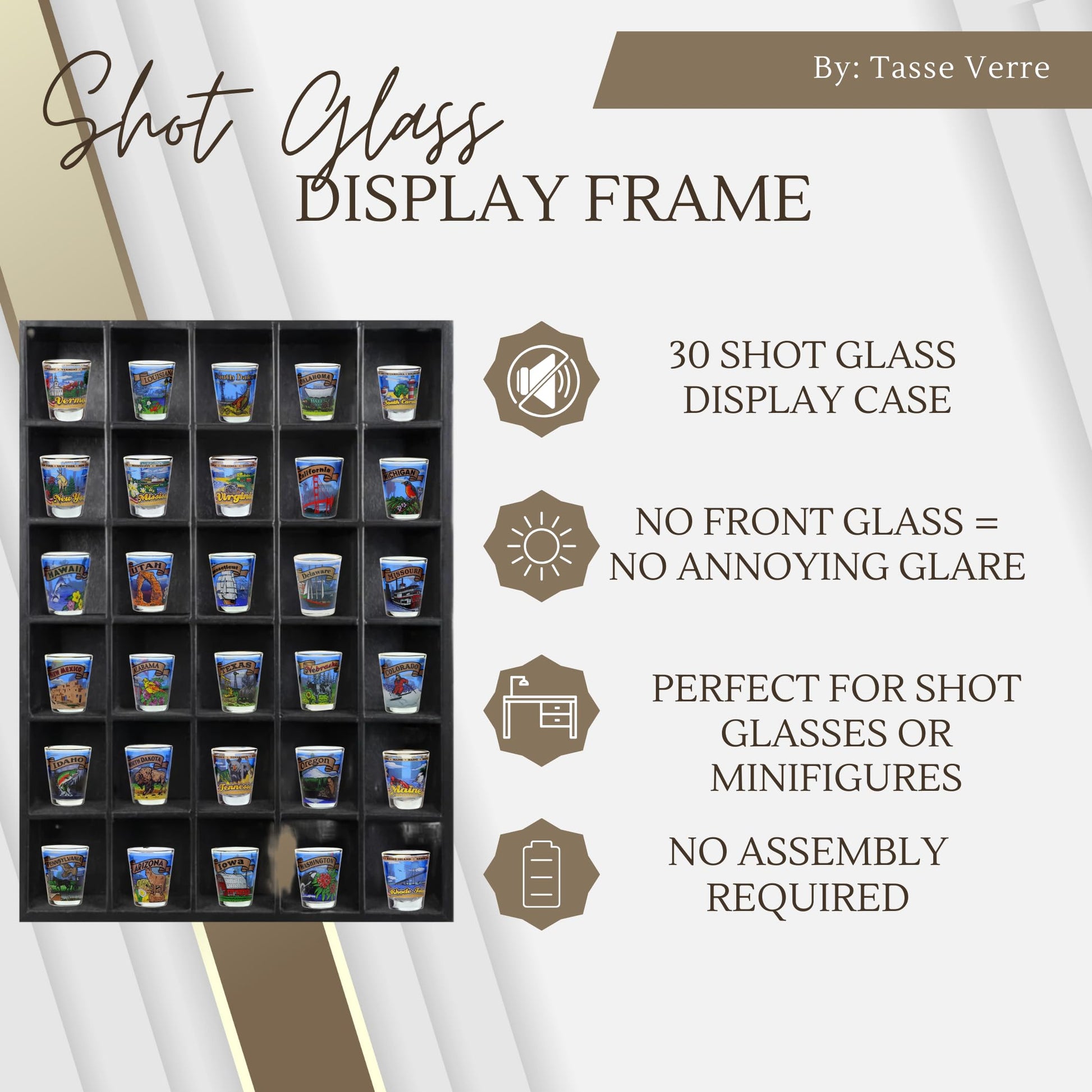 Tasse Verre 30 Shot Glass Shelf Display Case (1-Pack) - Large Wooden Collectibles Rack - Wall Mounted Black Bar Shadow Box Minifigure Storage