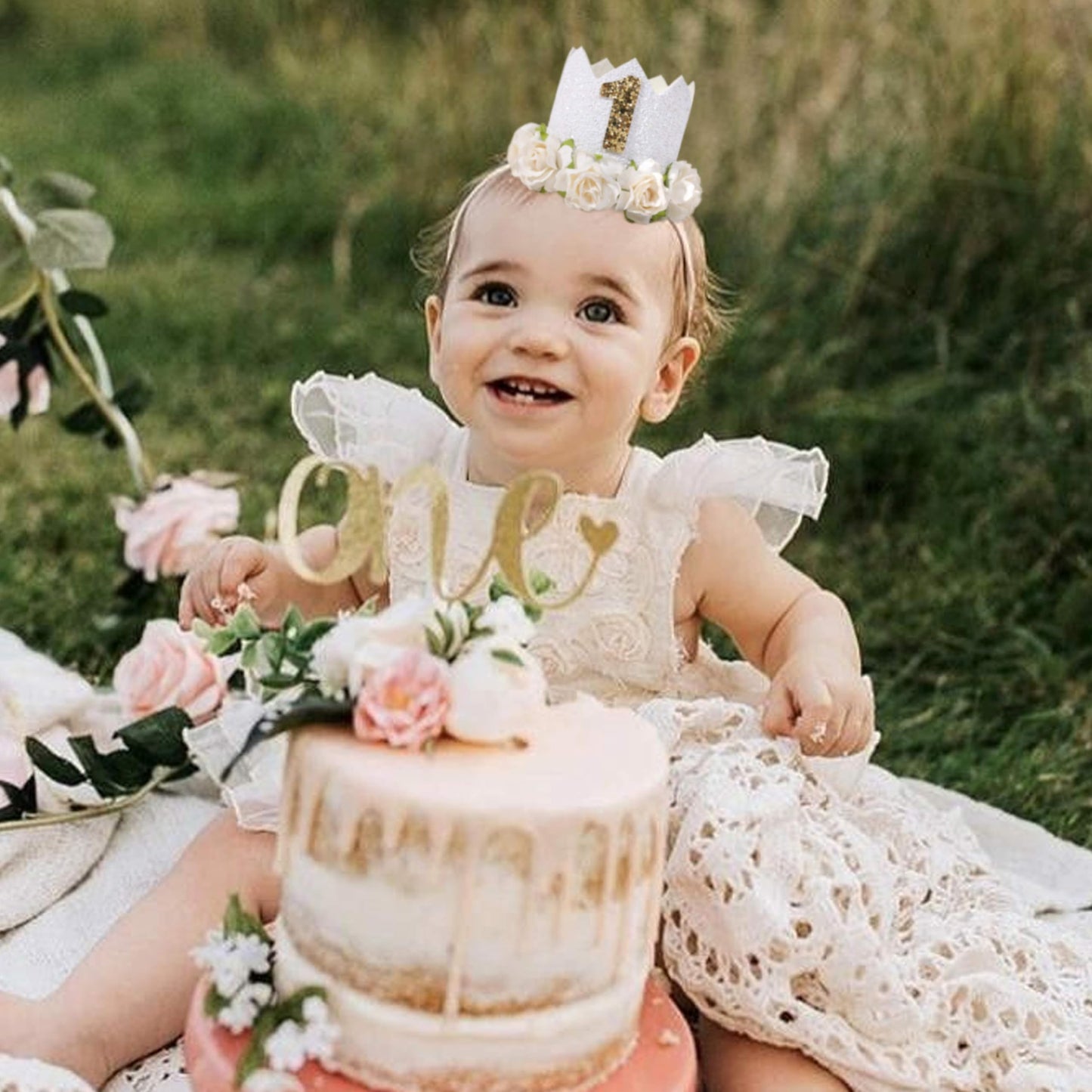 ZZDCMS White Floral 1st Birthday Crown - Baby Girls 1st Year Birthday Party Decorations,White, Glitter,Baby Shower Baptism Party Supply Hat Outfit