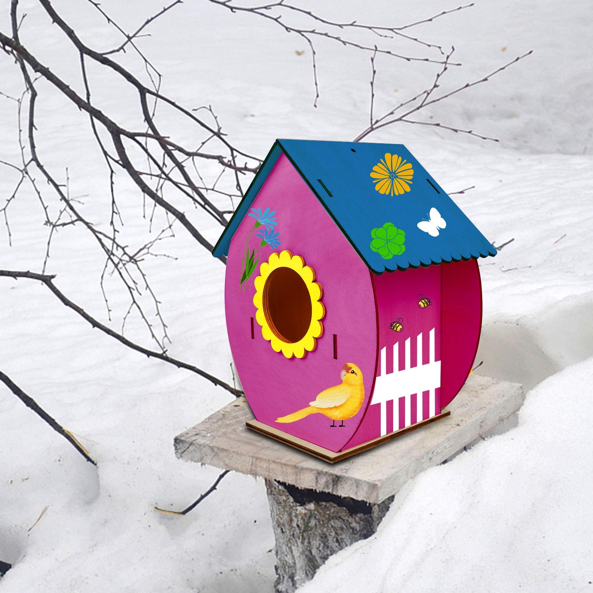 Glintoper Art Craft Wood Toys for Kids, 4 Pack DIY Bird House Kit Painting Puzzle DIY Wooden Assembly, Build and Paint Birdhouse, Include Paints