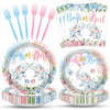 100 Pcs Elephant Gender Reveal Tableware Set, Serves 25, Disposable Boy or Girl Design Paper Plates, Napkins, and Pink Blue Plastic Forks, Baby Shower