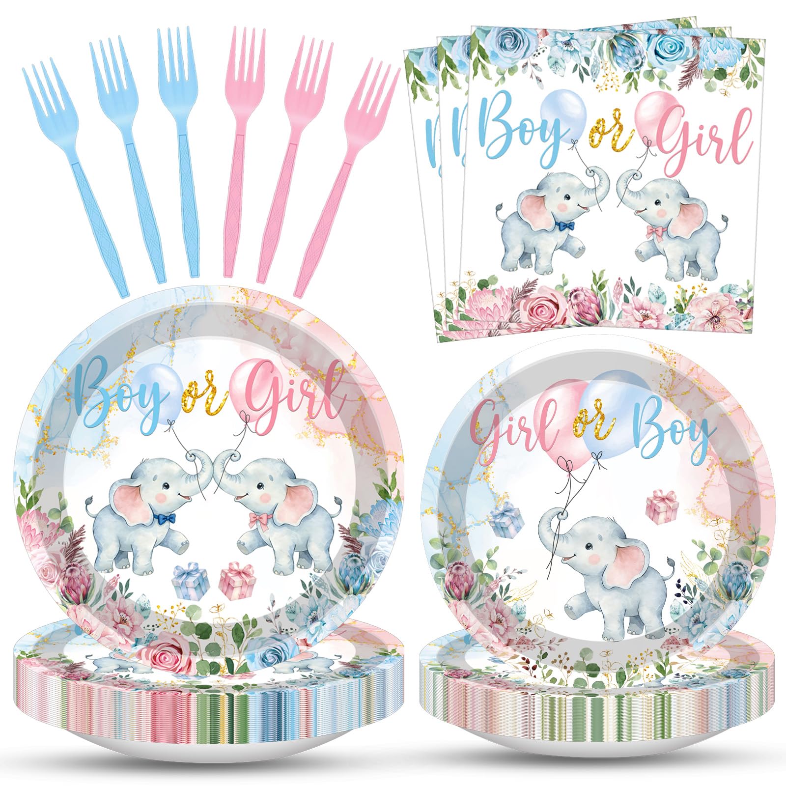 100 Pcs Elephant Gender Reveal Tableware Set, Serves 25, Disposable Boy or Girl Design Paper Plates, Napkins, and Pink Blue Plastic Forks, Baby Shower