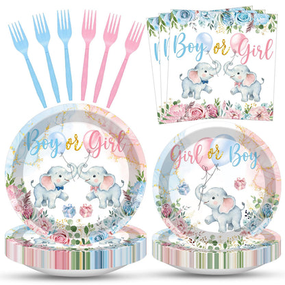 100 Pcs Elephant Gender Reveal Tableware Set, Serves 25, Disposable Boy or Girl Design Paper Plates, Napkins, and Pink Blue Plastic Forks, Baby Shower