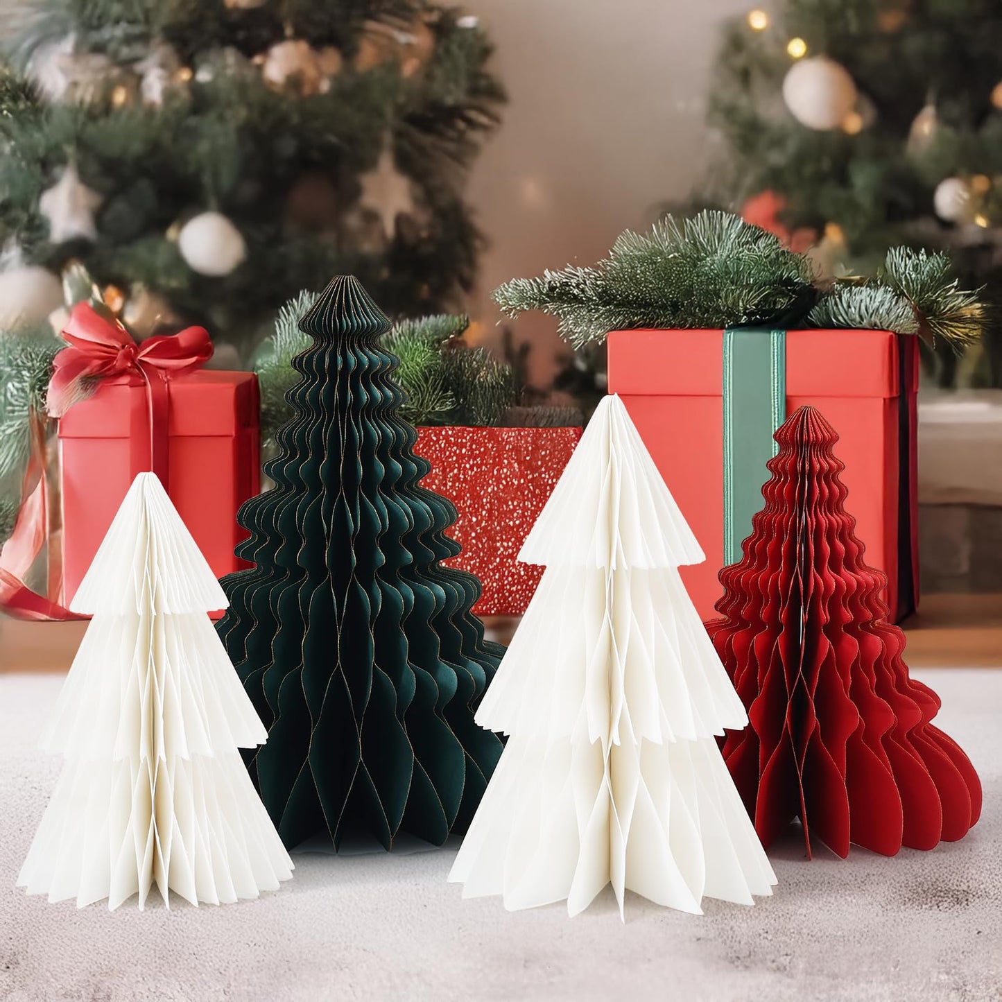 4pcs Christmas Decorations Folding Christmas Honeycomb Paper Tree 3D Xmas Trees Table Centerpiece Christmas Tree Honeycomb Decorations for New Years