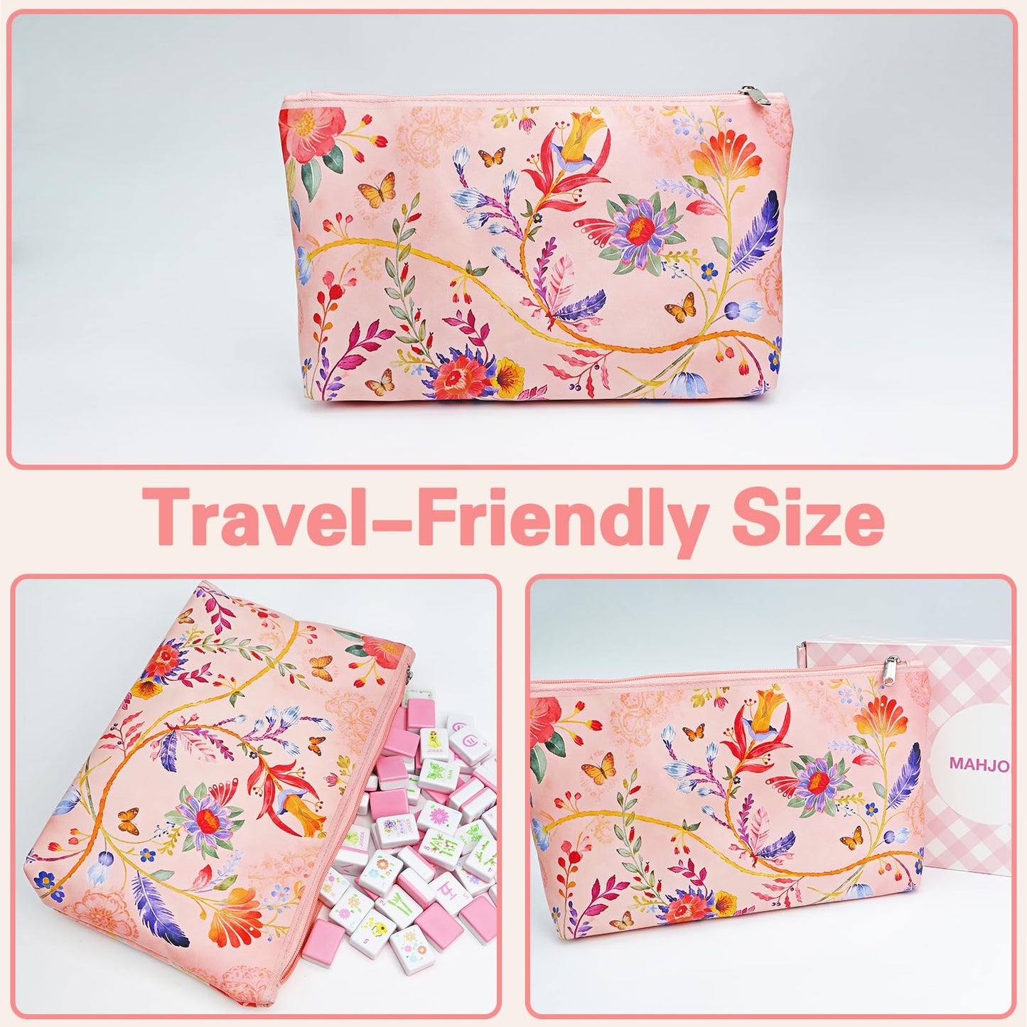 Portable Pink Mahjong Set 160 Premium Melamine Tiles, Engraved American Mahjong Game with Carrying Bag&3 Dice Compact 0.9” x 1.18” x 0.5” Tiles