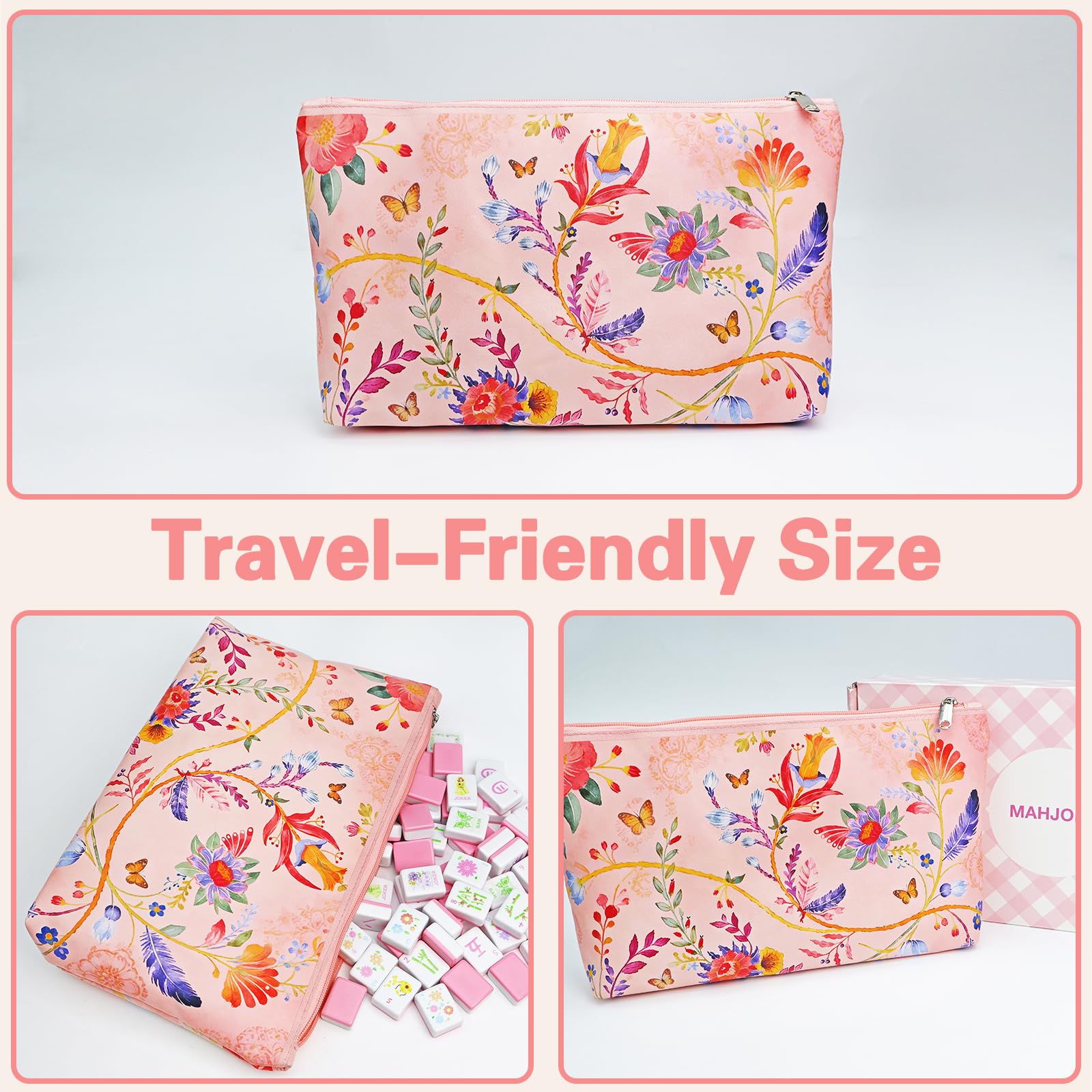 Portable Pink Mahjong Set 160 Premium Melamine Tiles, Engraved American Mahjong Game with Carrying Bag&3 Dice Compact 0.9” x 1.18” x 0.5” Tiles