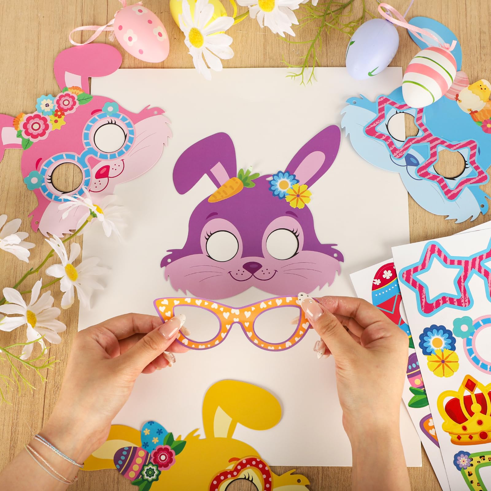 24 Sets Easter Bunny Mask Craft Kits Make Your Own Paper Mask Crafts Easter Rabbits Face Stickers Bunny DIY Art for Kids Spring Classroom Activities