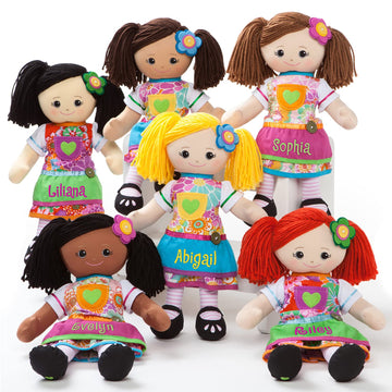 Personalized Planet Rag Doll with Custom Name Embroidered | Black Girl Dressed in Floral Skirt with Stripped Stockings and Pink Apron | Black Hair