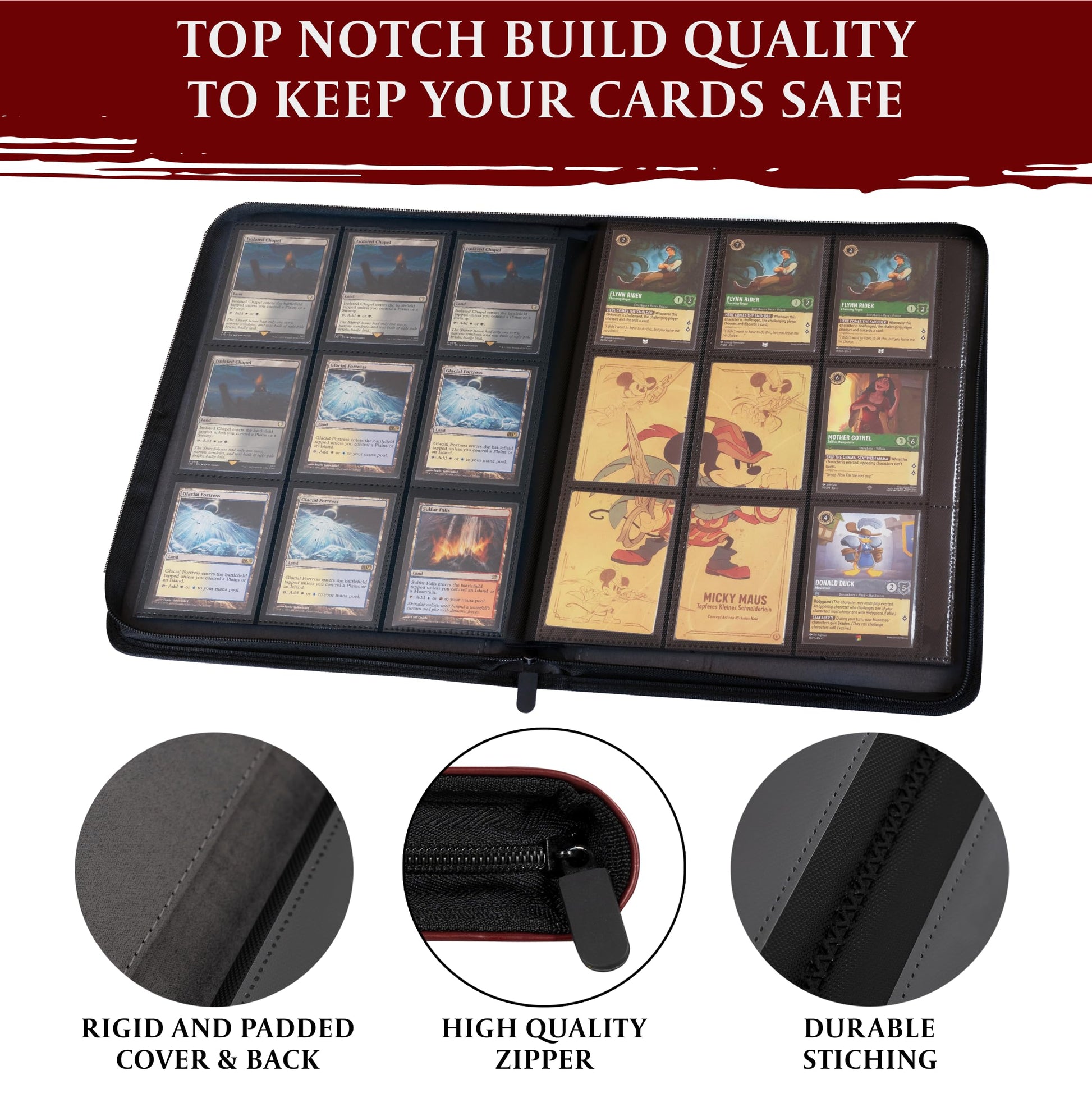 Trading Card Binder - 9 Pocket Album w Zipper - 360 Side Loading Folder for TCG - 3D PU Leather - For MTG, Disney Lorcana Trading Card Game, Magic The