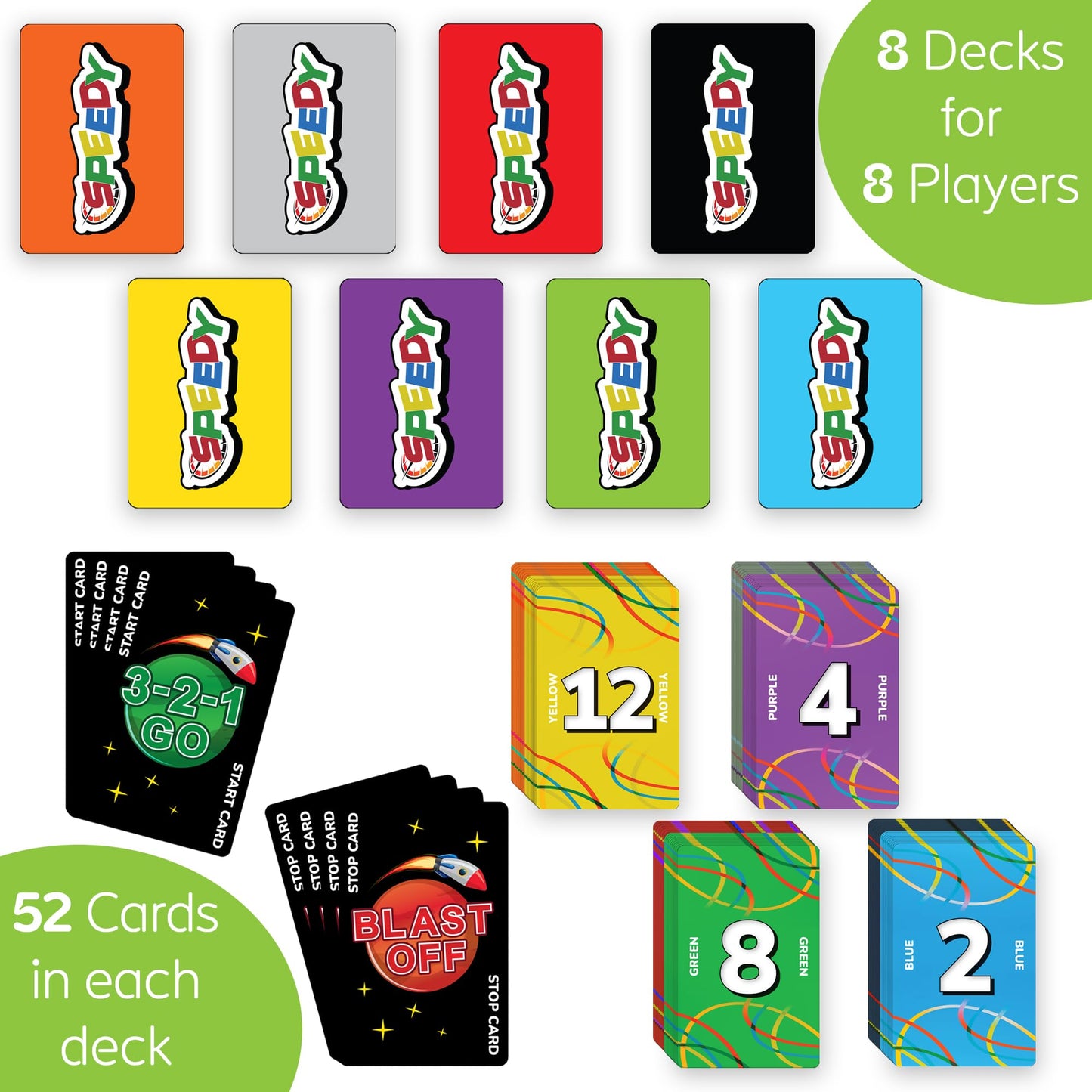 Point Games Speedy Card Game - Fast-Paced Family Party Game for Kids and Adults - 8-Player Speed & Strategy Deck - Includes 416 Cards & 8 Decks - Ages