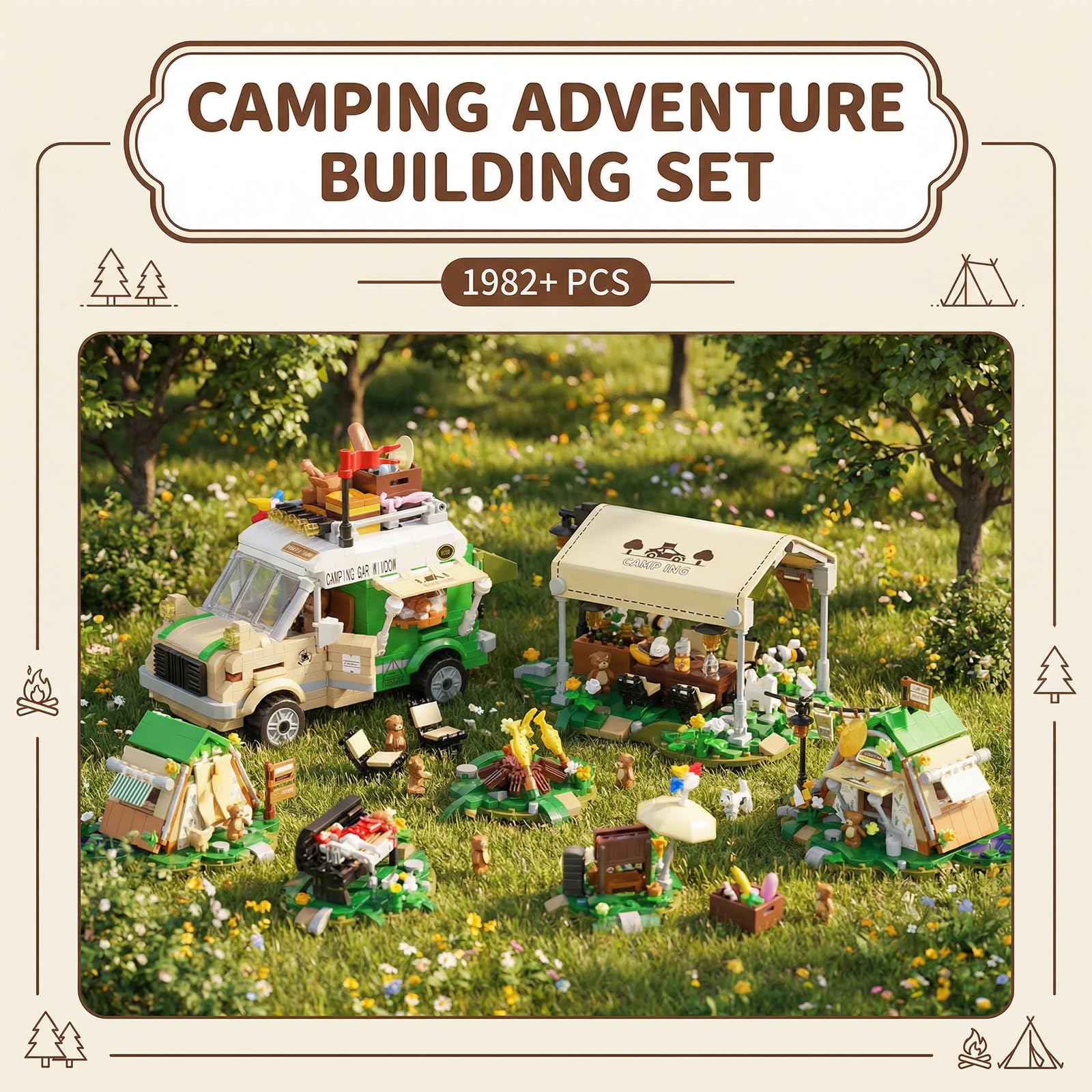 JYLWSMHMU Holiday Adventure Camper Van Building Blocks Set with Mini Outdoor Camping Cabin Tent Creative Construction Gift for Adults Teens 1982PCS