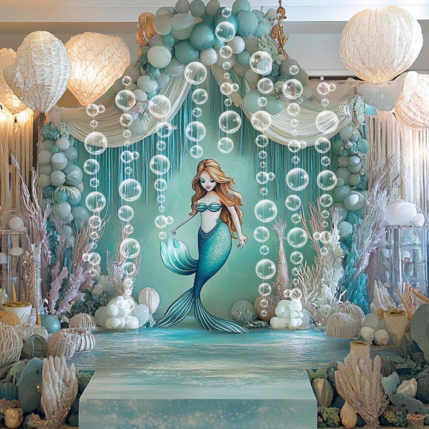 Biubumtu 8 Strings Under The Sea White Bubble Garlands Little Mermaid Shark Beach Themed Birthday Decorations Under Water Hanging Streamer Banner