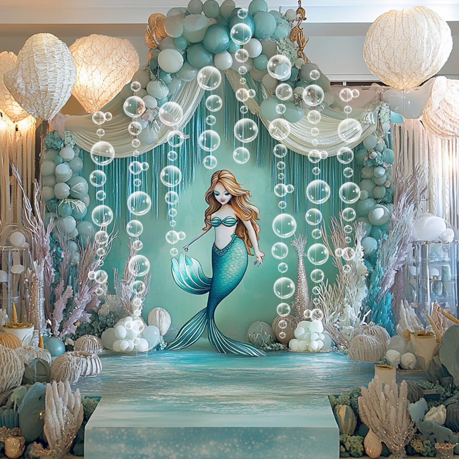 Biubumtu 8 Strings Under The Sea White Bubble Garlands Little Mermaid Shark Beach Themed Birthday Decorations Under Water Hanging Streamer Banner