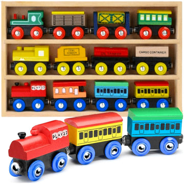Wooden Train Set 12 PCS - Train Toys Magnetic Set Includes 3 Engines - Toy Train Sets For Kids Toddler Boys And Girls - Compatible With All Major