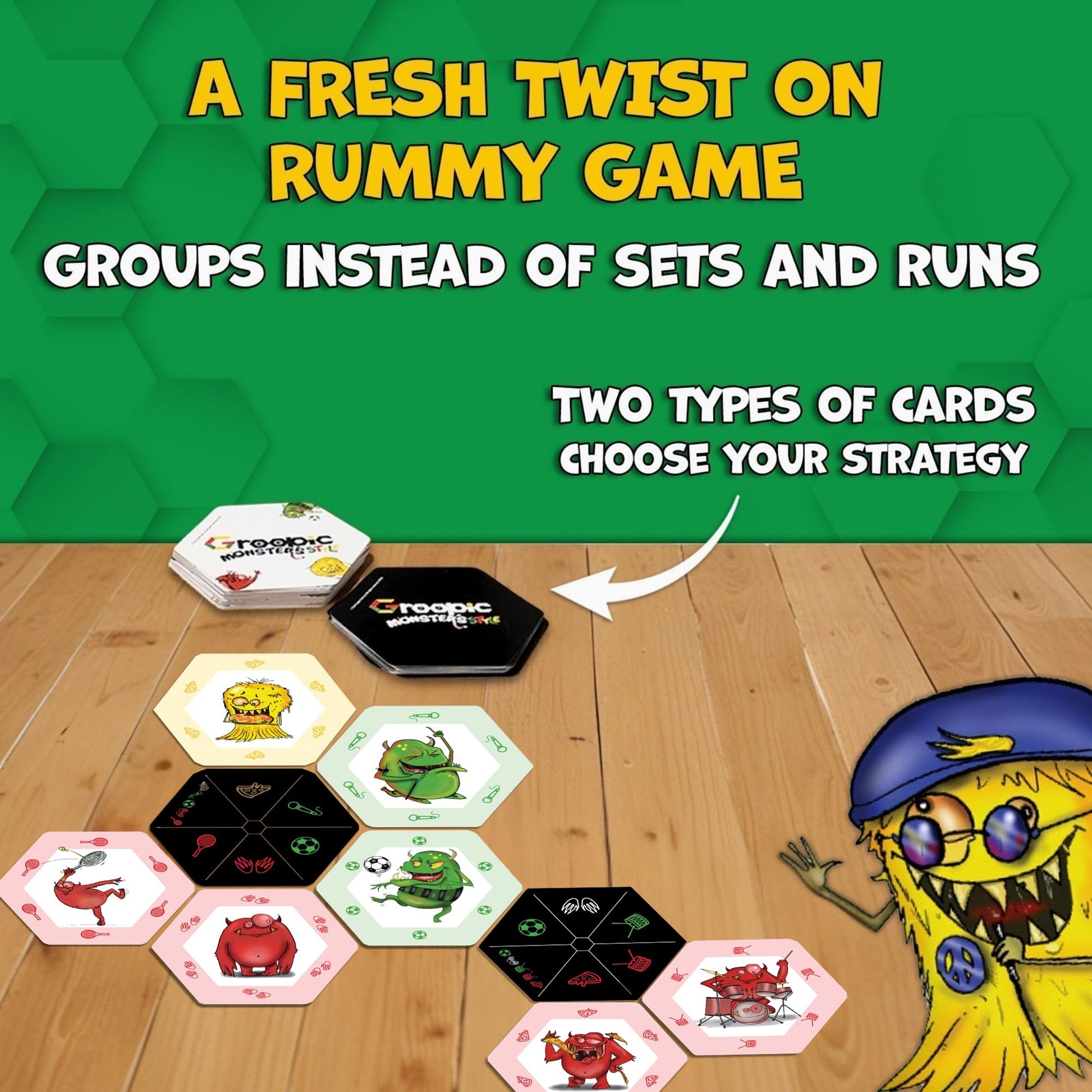 Groopic Monster's Style - Award-Winning and Fun Twist on The Beloved Rummy Game. Board Games for Kids 8-12 & Families, Innovative Rummy Card Game Set