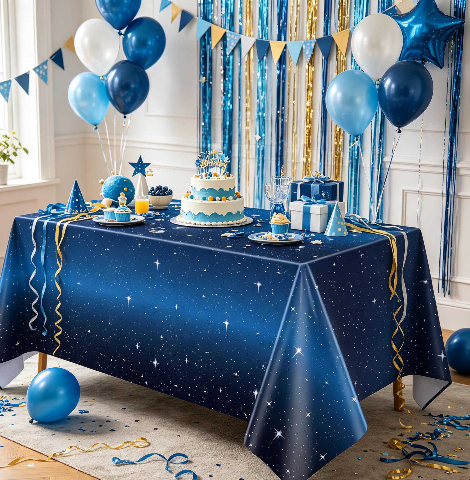 4 Pack Starry Night Tablecloth Set - 86' x 51' Rectangle Plastic Tablecloth Space Theme Table Cover - Galaxy Stars Birthday Party Supplies