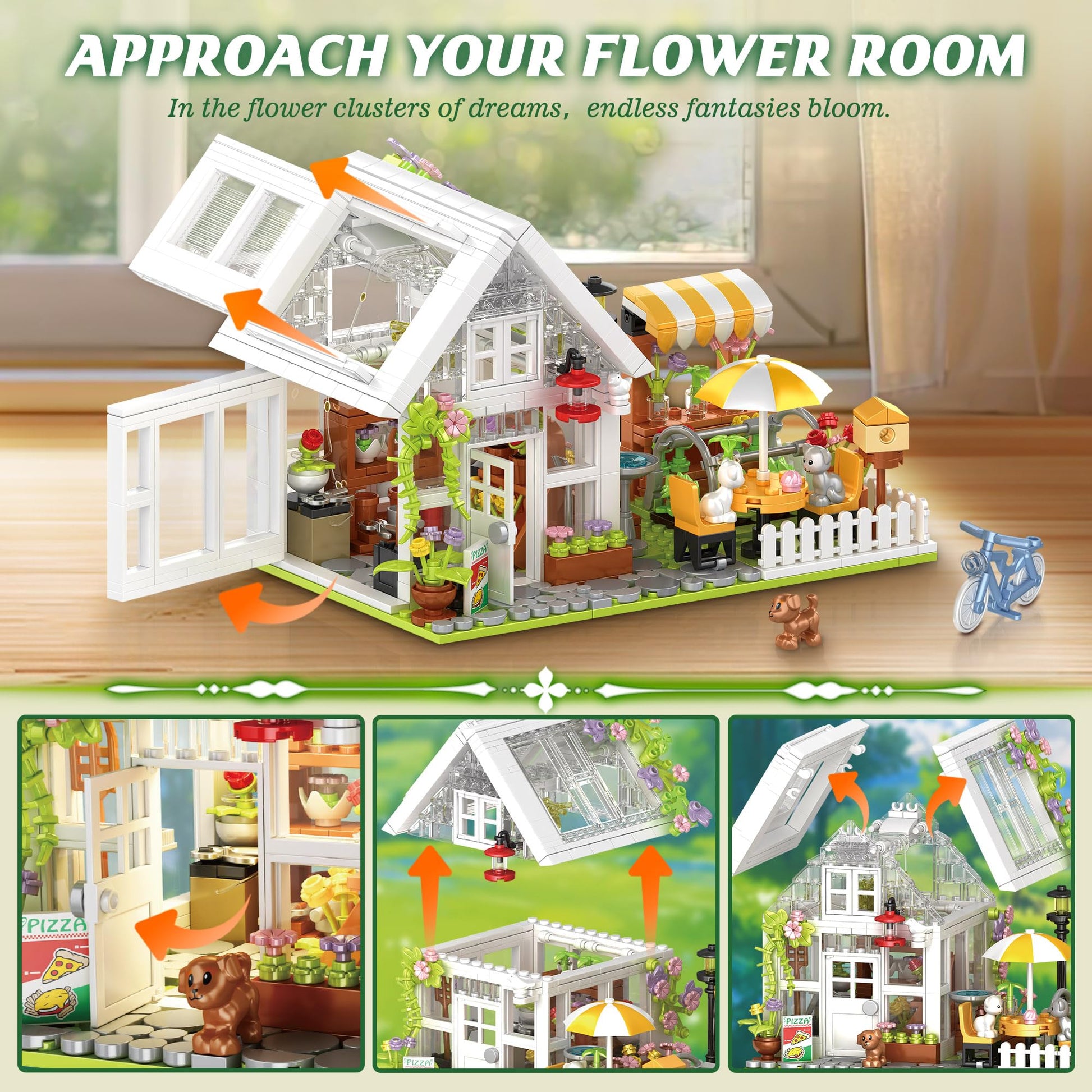 Flower House Building Block for Adults, Garden Architecture Building Toy with LED, Greenhouse Model Building Set, Garden Glass House Building Kit