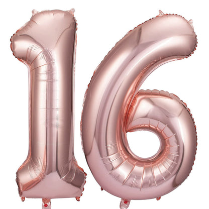 Rose Gold 16 Number Balloons Big Giant Jumbo Large Number 16 Foil Mylar Balloons for Girl Boy Men Sweet 16th Birthday Party Supplies 16 Anniversary