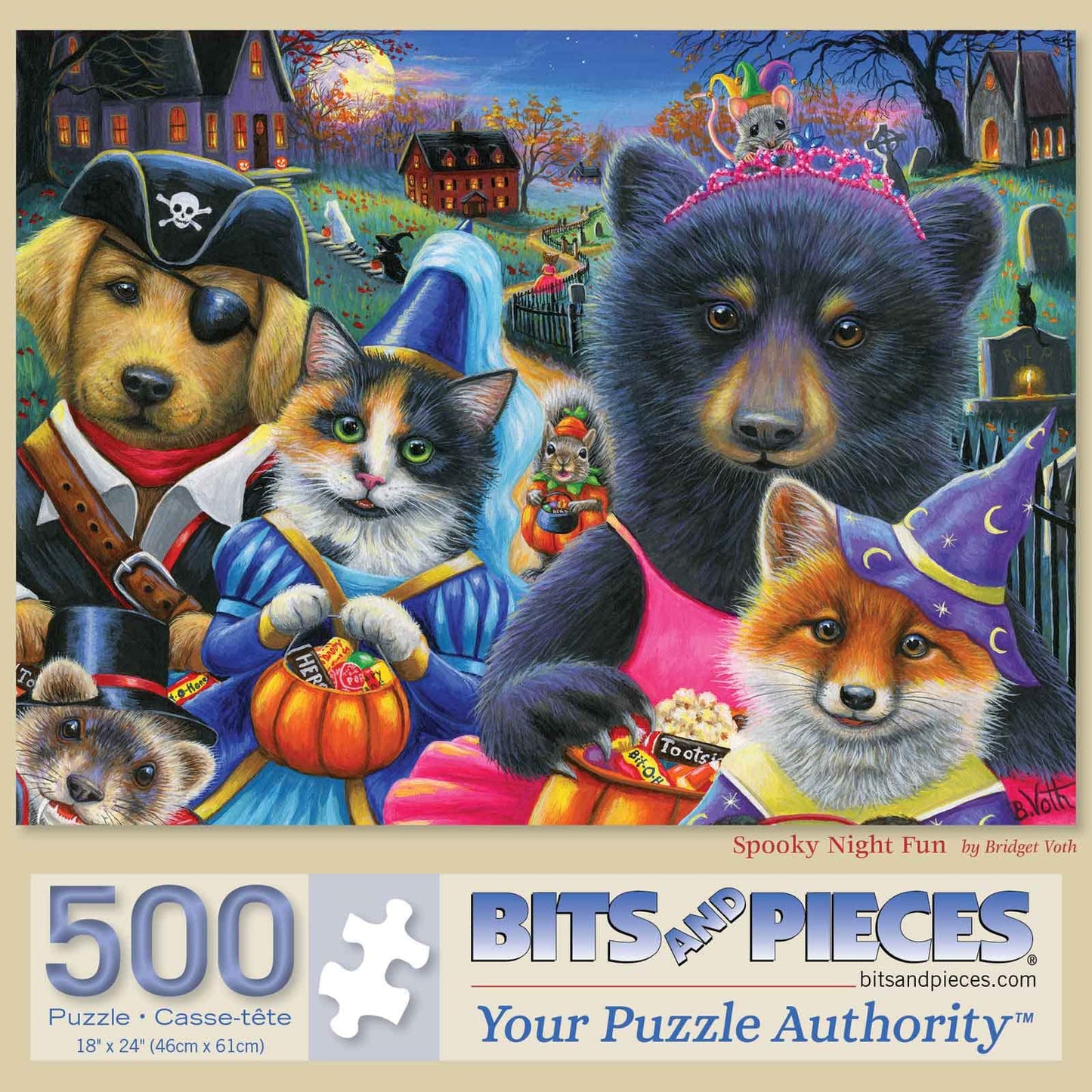 Bits and Pieces - 500 Piece Jigsaw Puzzle for Adults 18" x 24" - 'Spooky Night Fun' - 500 pc Large Piece Halloween Animals Jigsaw by Bridget Voth