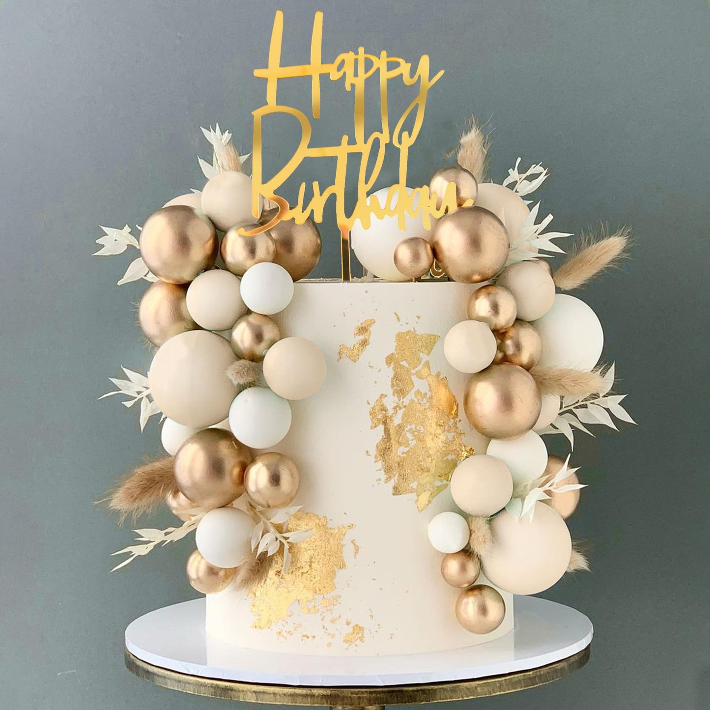 Khaki Balls Cake Topper Boho Grass Cake topper Khaki White Gold Pearl Balls Happy Birthday Cake Decorations for Wedding Birthday Boho Themed Supplies