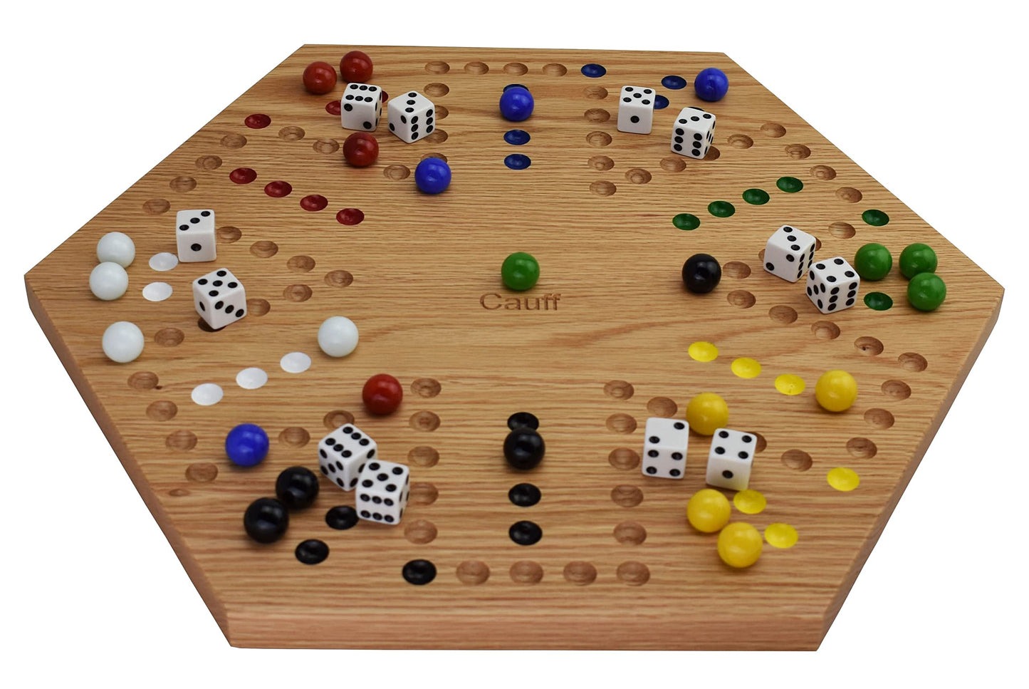 Cauff 20 Inch Solid Oak Double-Sided Marble/Wahoo Board Game with Hand-Finished and Hand-Painted Oak, Glass Marbles, Velvet Bag, 4 and 6 Player Sides