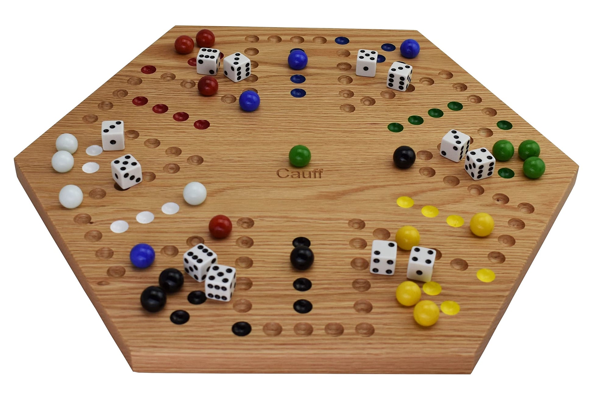 Cauff 20 Inch Solid Oak Double-Sided Marble/Wahoo Board Game with Hand-Finished and Hand-Painted Oak, Glass Marbles, Velvet Bag, 4 and 6 Player Sides