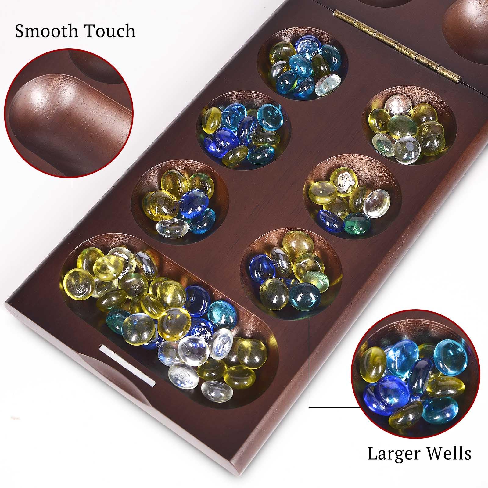 VAMSLOVE Wooden Mancala Board Game with Magnetic Lock / 48+8 Extra Multi Color Glass Stones, Folding Mancala Set for 2 Player, 6 Age and Up