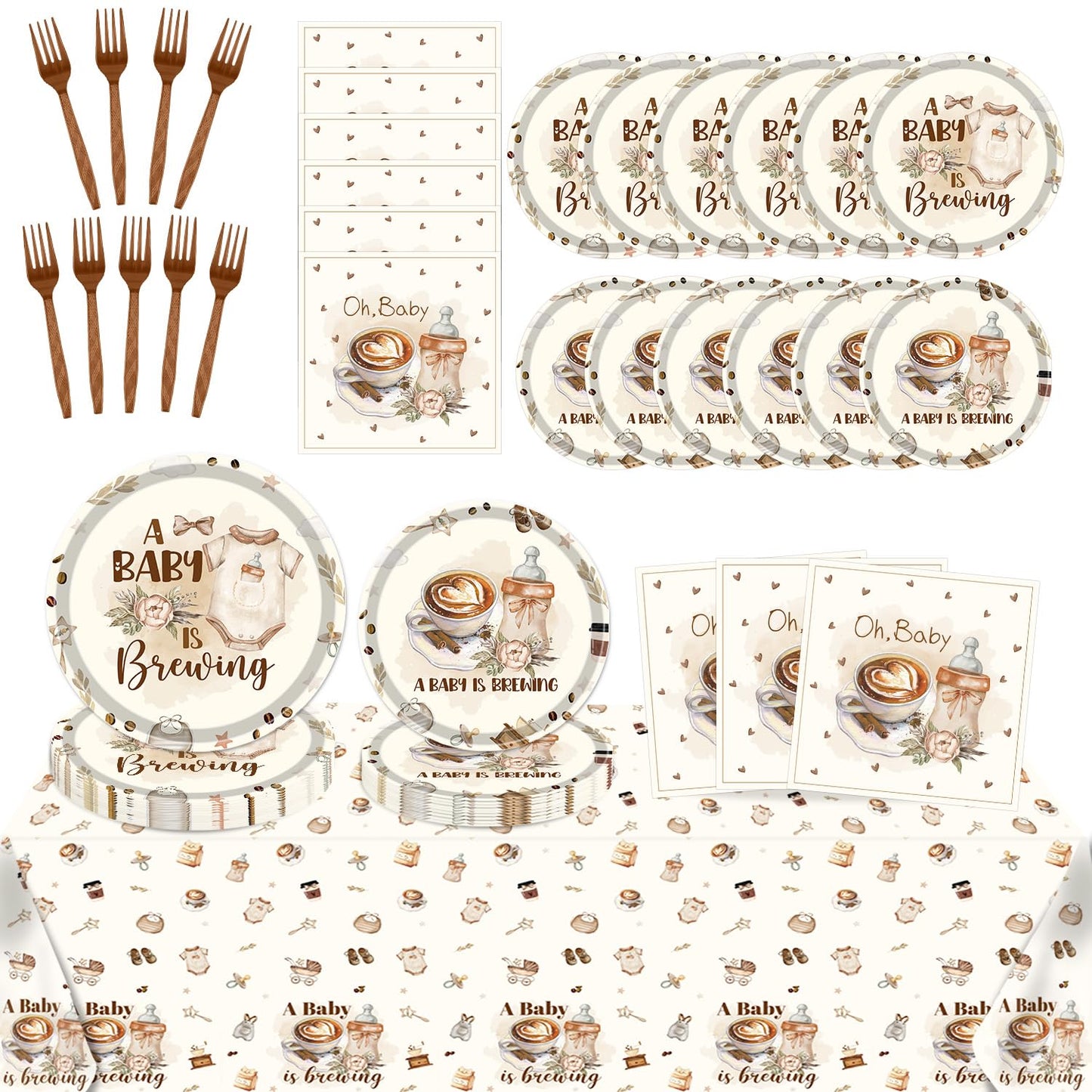 Musaeva a Baby is Brewing Baby Shower Decorations, 98PCS Coffee Baby Shower Disposable Paper Plates Napkins Party Decorations, Coffee Themed Gender
