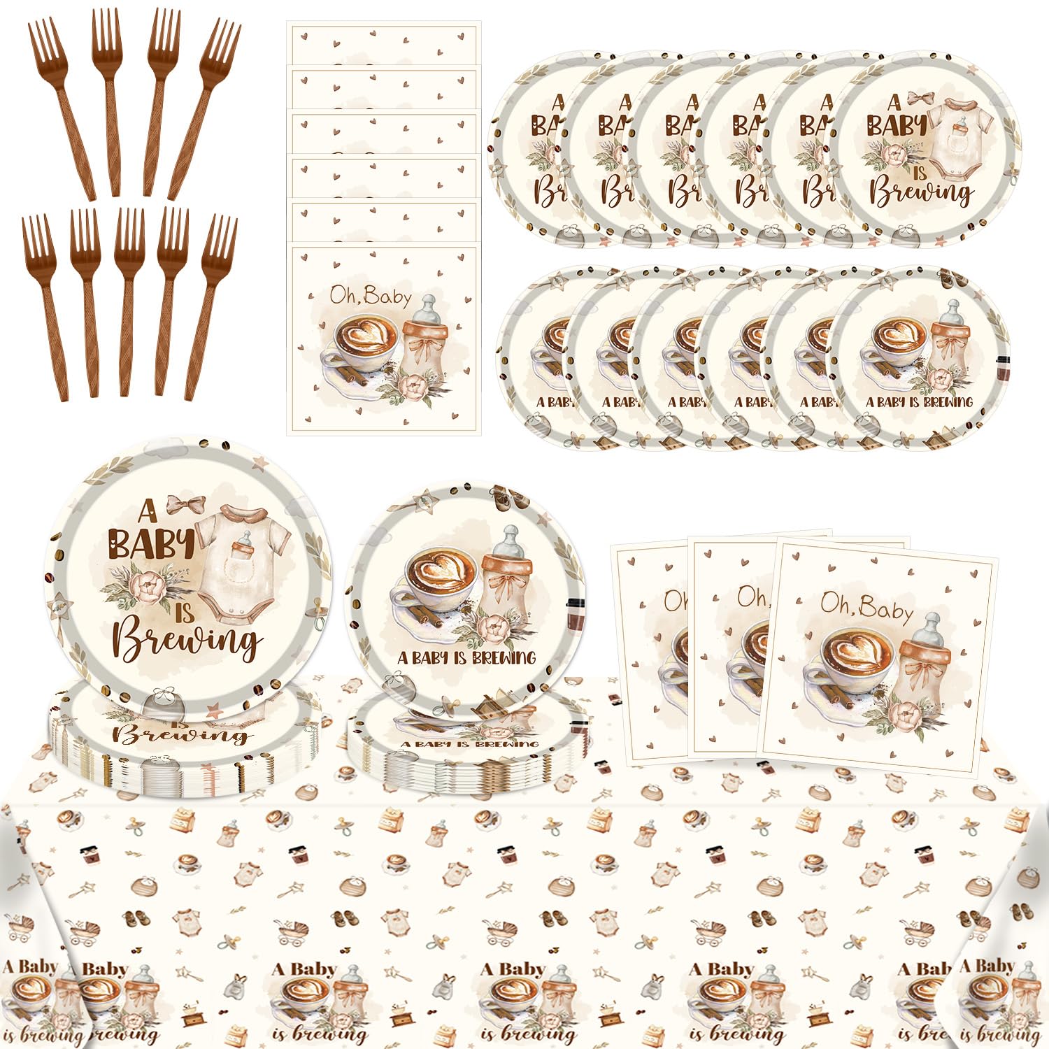Musaeva a Baby is Brewing Baby Shower Decorations, 98PCS Coffee Baby Shower Disposable Paper Plates Napkins Party Decorations, Coffee Themed Gender
