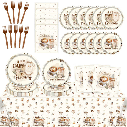 Musaeva a Baby is Brewing Baby Shower Decorations, 98PCS Coffee Baby Shower Disposable Paper Plates Napkins Party Decorations, Coffee Themed Gender
