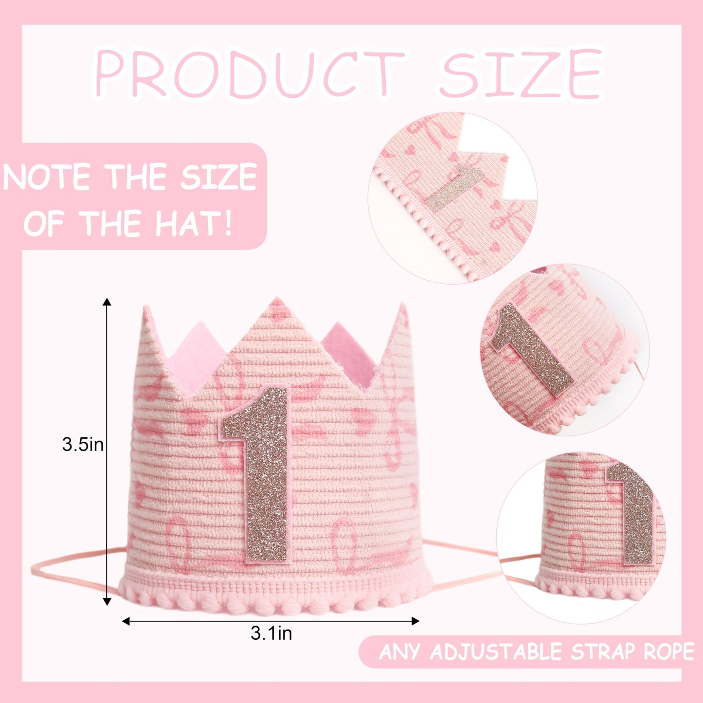 KOJIN Bow 1 St Birthday Crown Hat For girl - Pink First Birthday Hat,Natural Boho One Year Of Decorations (Light pink)