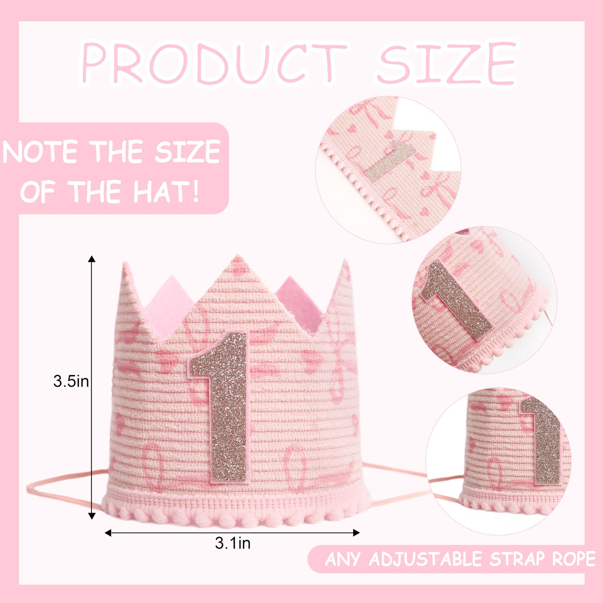 KOJIN Bow 1 St Birthday Crown Hat For girl - Pink First Birthday Hat,Natural Boho One Year Of Decorations (Light pink)